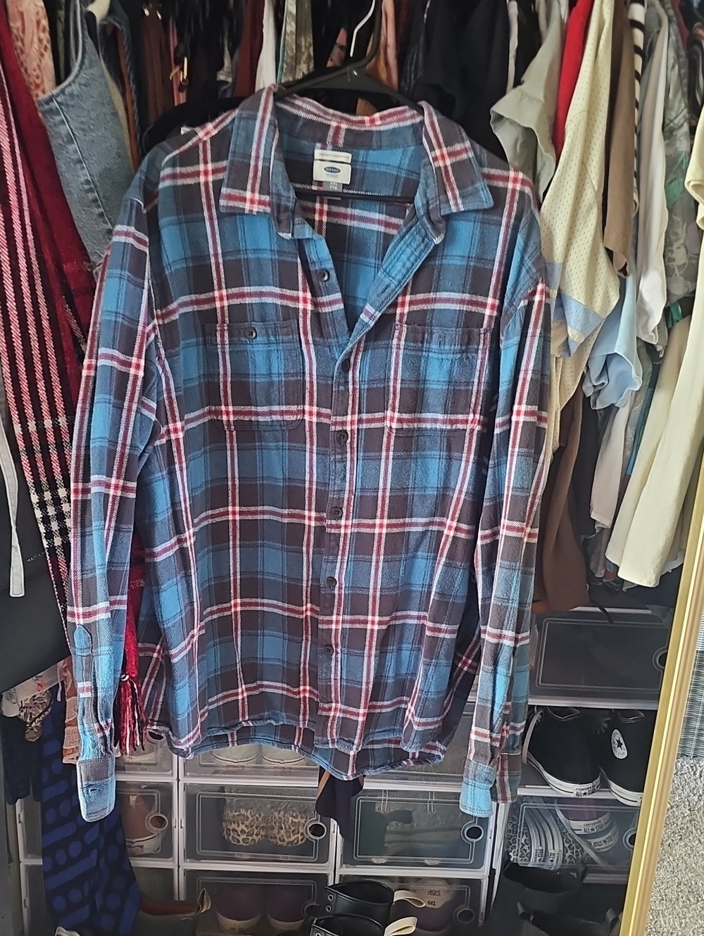 Old Navy Vintage Blue Plaid Button-Down Shirt with Red Accent